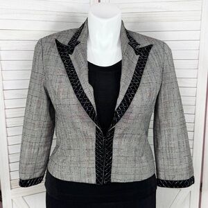 Vintage 90s WD Platinum Plaid‎ Velvet Beaded Trim Crop Blazer Black 14